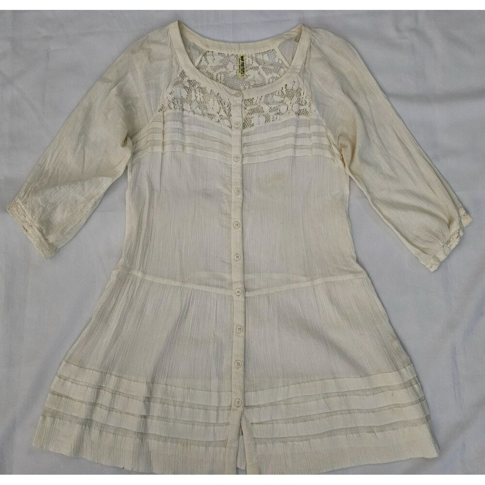 Free People Cream Lace Trim Button Front 3/4 Sleeve Tunic Dress Women's Small - Picture 3 of 14